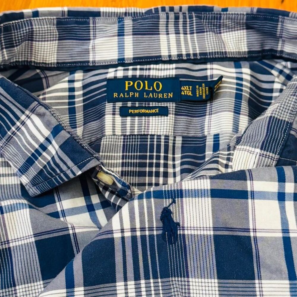 Polo Ralph Lauren Performance Shirt Mens 4XLT Blue Plaid Non Iron Button Down